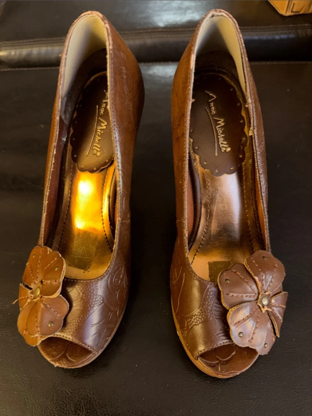 Anne Michelle Brown Floral Embossed Peep-Toe Heels